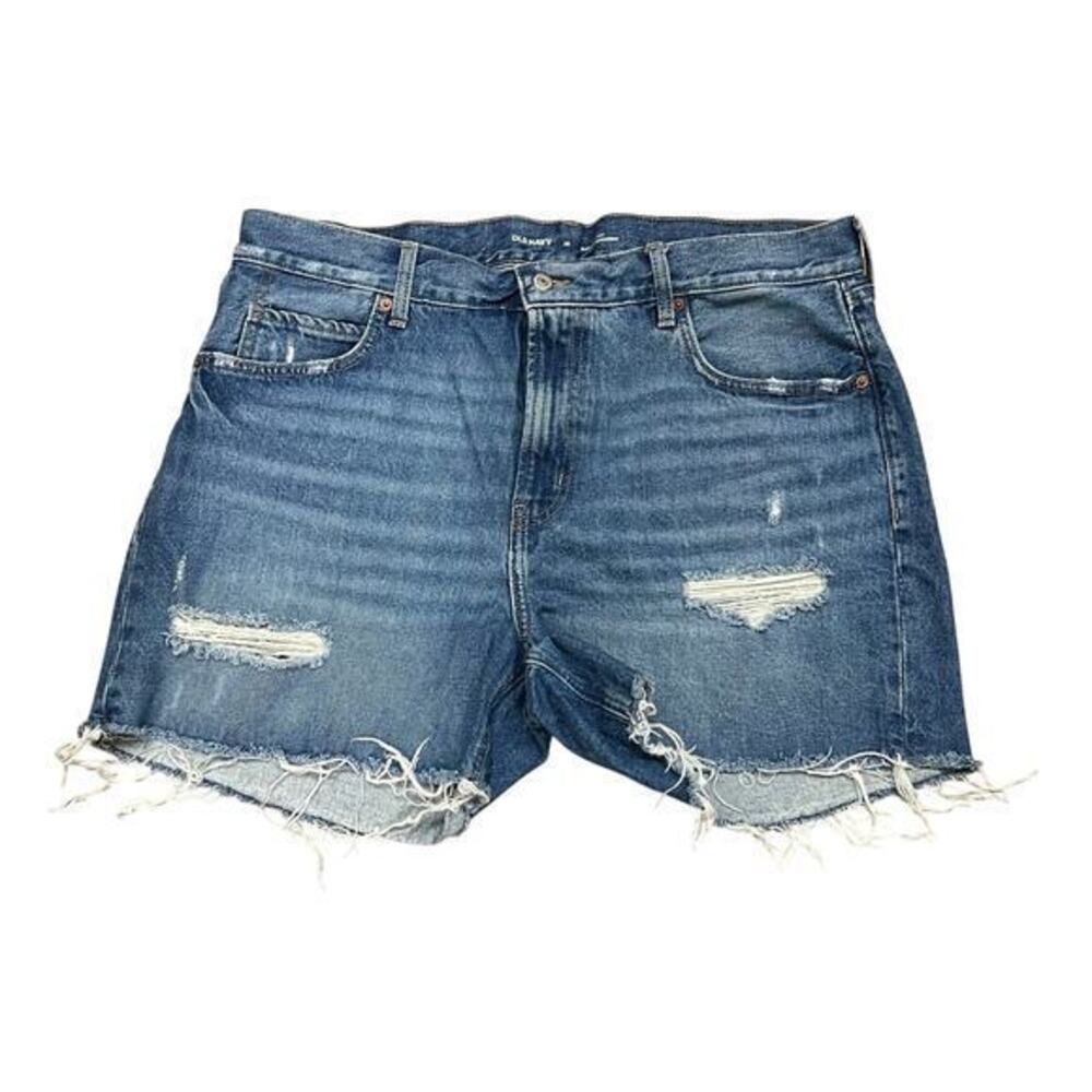 Old Navy thrashed slouchy Denim Blue Jean Cut Off shorts High waisted Plus Sz 16